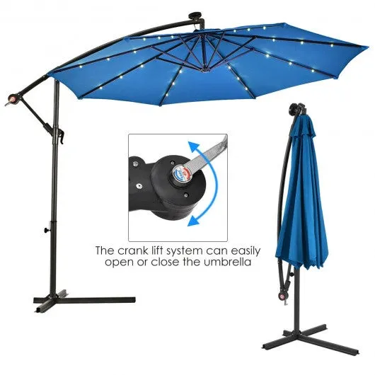 10' Patio Hanging Umbrella Sun Shade with Solar LED Lights-Blue