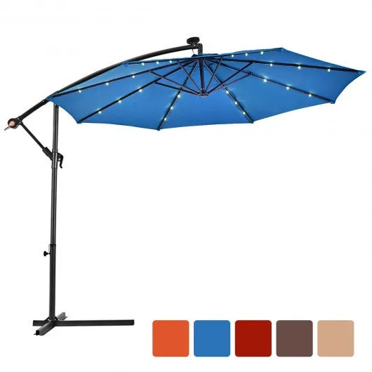 10' Patio Hanging Umbrella Sun Shade with Solar LED Lights-Blue