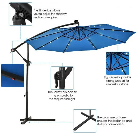 10' Patio Hanging Umbrella Sun Shade with Solar LED Lights-Blue