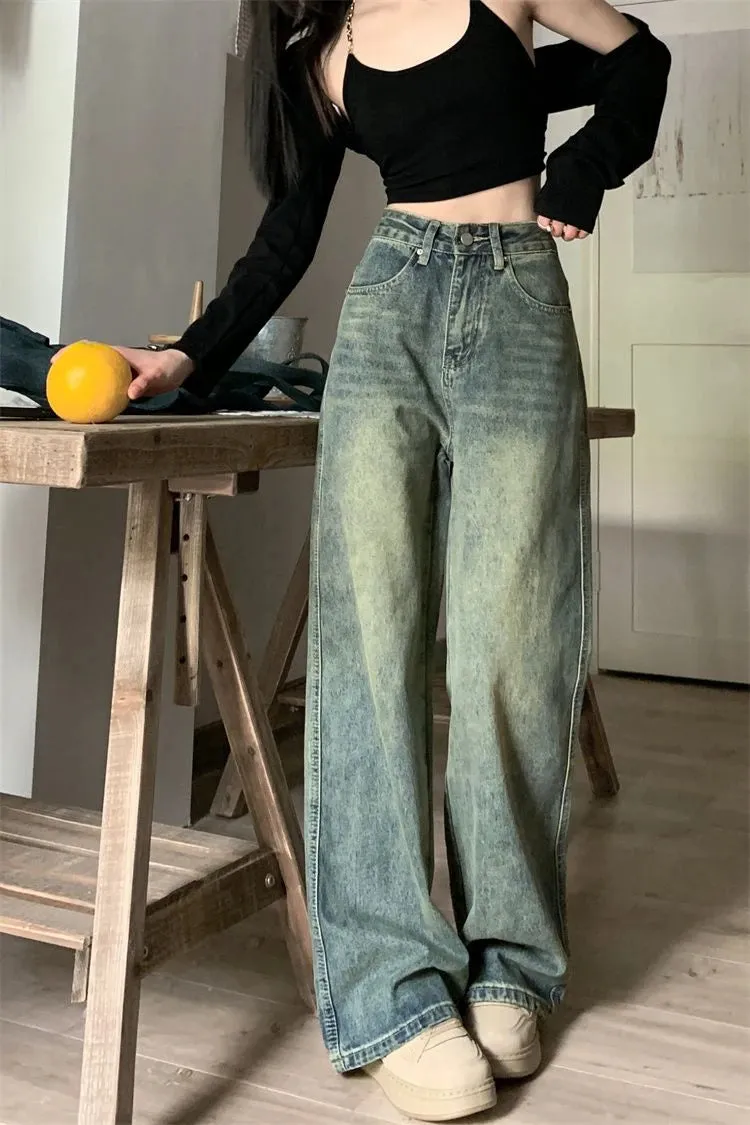 2024 Vintage Korean Denim Pants Y2K American Retro High Waist Cowboy Slim Straight Leg Wide Leg Cowboy Jeans