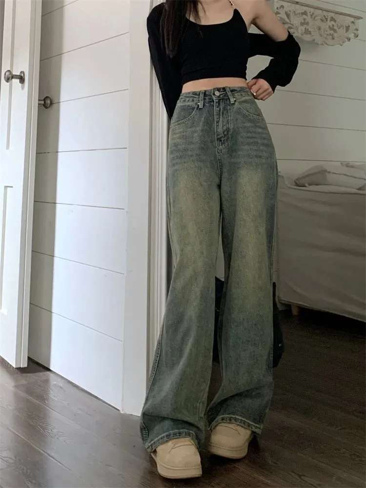 2024 Vintage Korean Denim Pants Y2K American Retro High Waist Cowboy Slim Straight Leg Wide Leg Cowboy Jeans