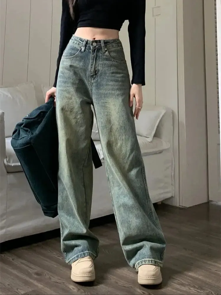 2024 Vintage Korean Denim Pants Y2K American Retro High Waist Cowboy Slim Straight Leg Wide Leg Cowboy Jeans