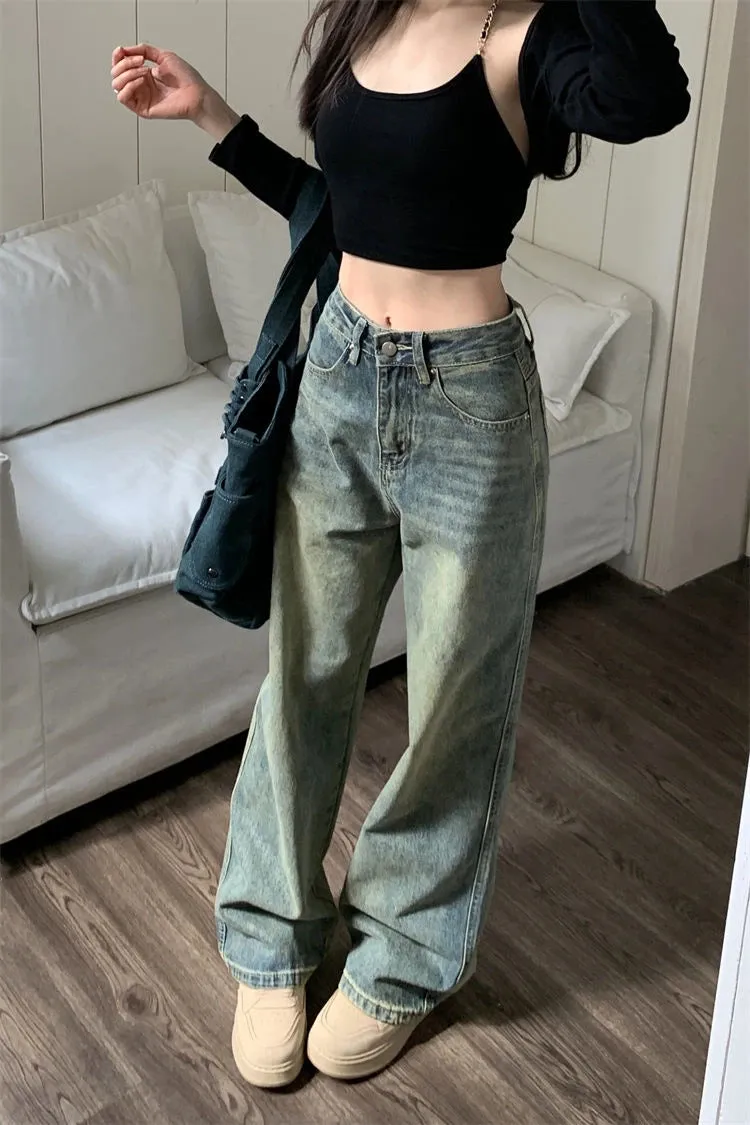 2024 Vintage Korean Denim Pants Y2K American Retro High Waist Cowboy Slim Straight Leg Wide Leg Cowboy Jeans