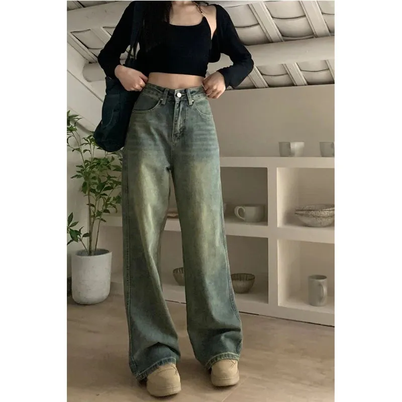 2024 Vintage Korean Denim Pants Y2K American Retro High Waist Cowboy Slim Straight Leg Wide Leg Cowboy Jeans