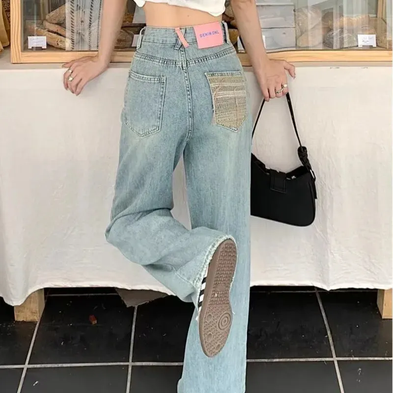 Amy Fashion - Baby Blue Loose Straight Thin Summer Tassel Versatile Trend Women's Jean