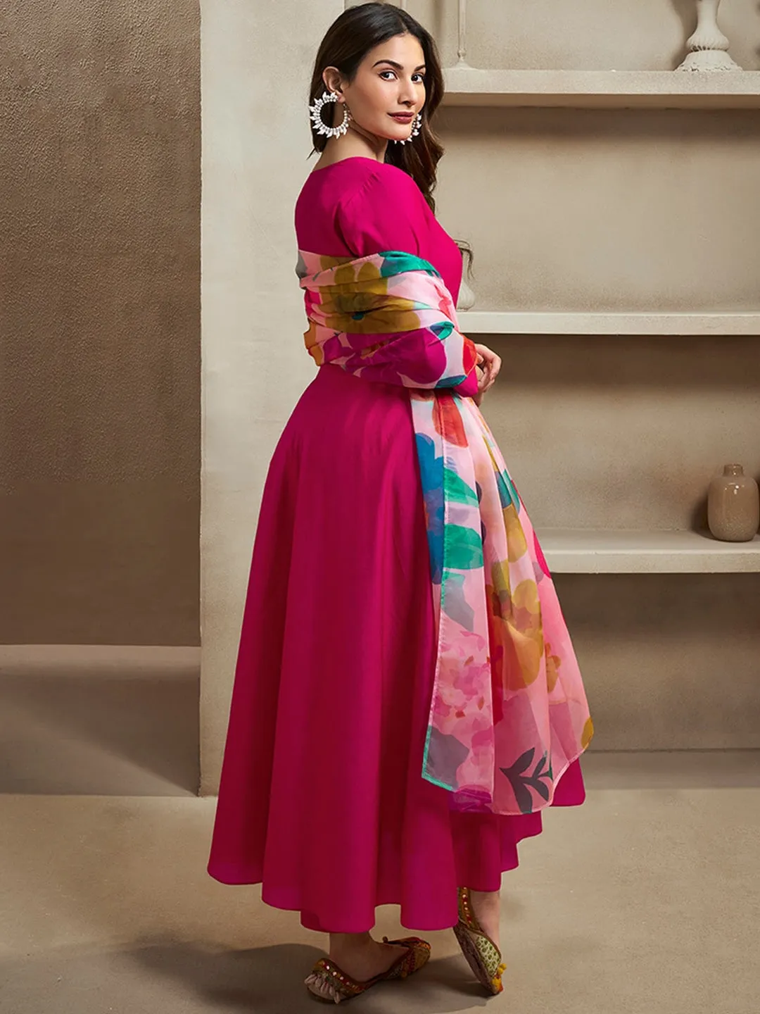 Amyra Dastur Magenta Notch Neck Floral Regular Pure Silk Anarkali Kurta with Trousers & Dupatta