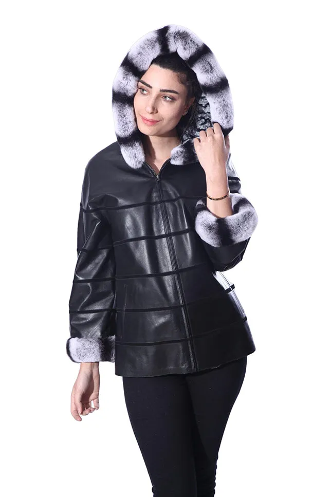 Anna Womens Real Rex Fur Leather Jacket with Hood