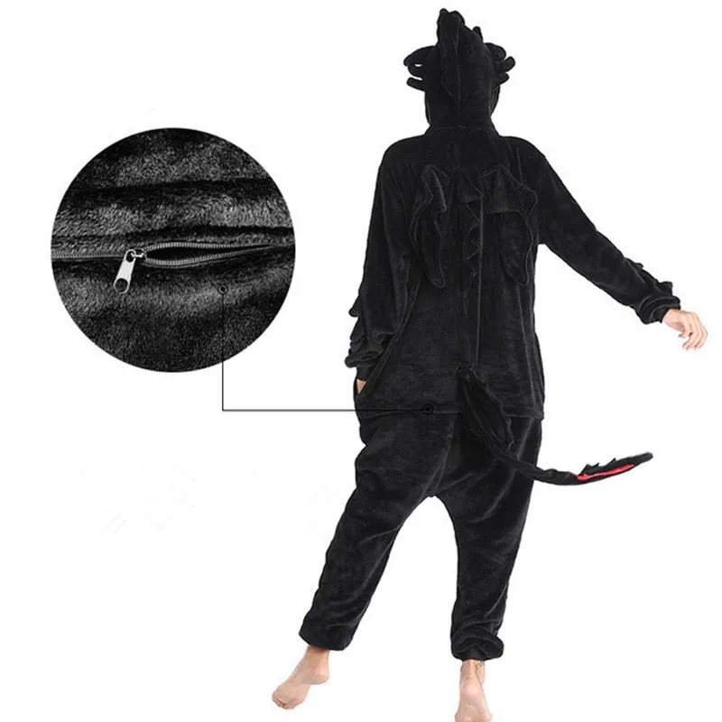 Arrival How to Train Toothless Dragon Onesies Animal Winter Flannel Pajamas Adult Halloween Party Costume Jumpsuit