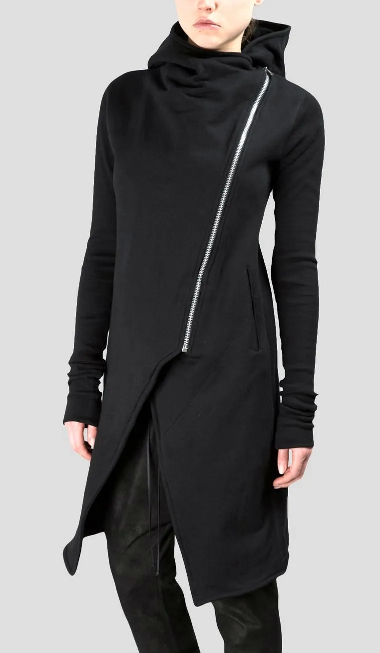 Asymmetric Front Cut // Longline Essential Full Zip Closure // Overlong Rib Sleeve Hoodie-BB121