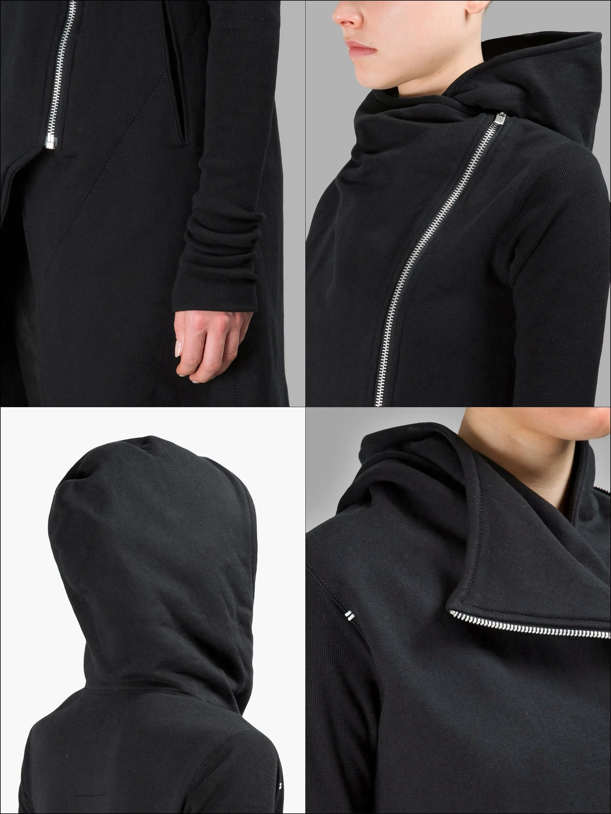 Asymmetric Front Cut // Longline Essential Full Zip Closure // Overlong Rib Sleeve Hoodie-BB121