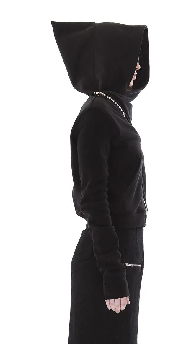 Black Assimetric Zip Collar Cotton Fleece Hood Sweatshirt Dark