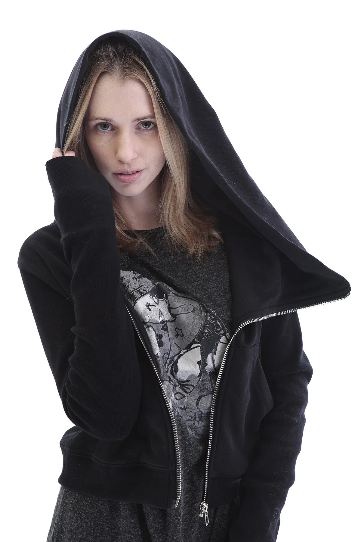 Black Assimetric Zip Collar Cotton Fleece Hood Sweatshirt Dark