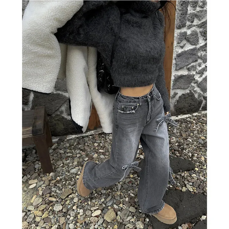 Black Bow Baggy Korean Cowboy Pants for Women