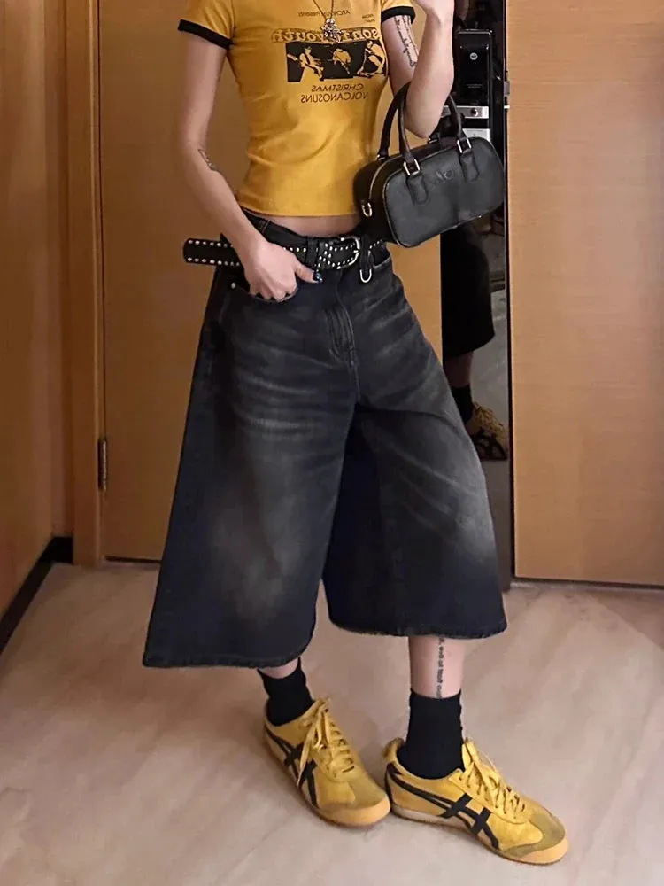 Black Calf-Length Jeans Women Streetwear Vintage Oversize Wide Leg Denim Pants