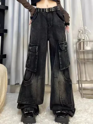 Black Cargo Jeans Women Baggy Pocket Slouchy Wide Leg Denim Pants