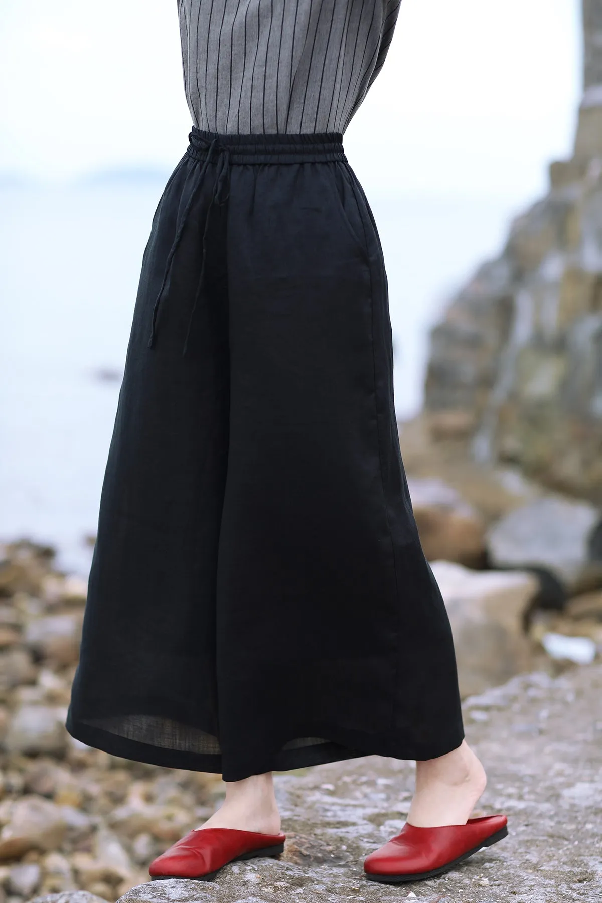 Black Linen Summer Autumn Women Casual Pants with Pockets SMM97202