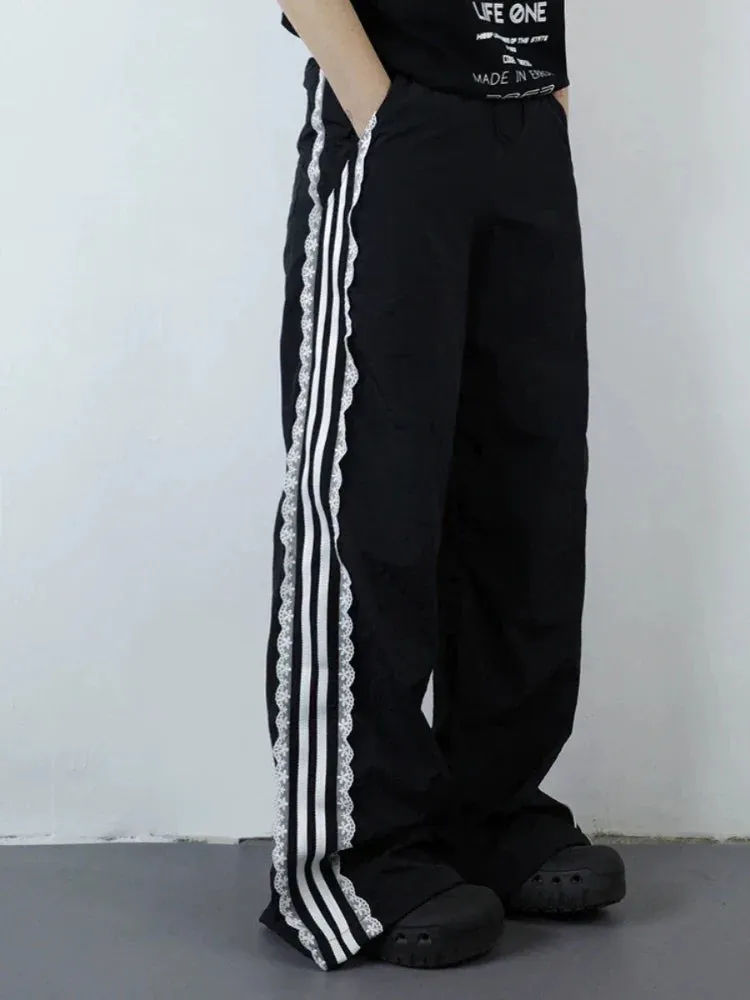 Black Women Y2k Baggy Lace Stripe Wide Leg Sports Hip Hop Pants