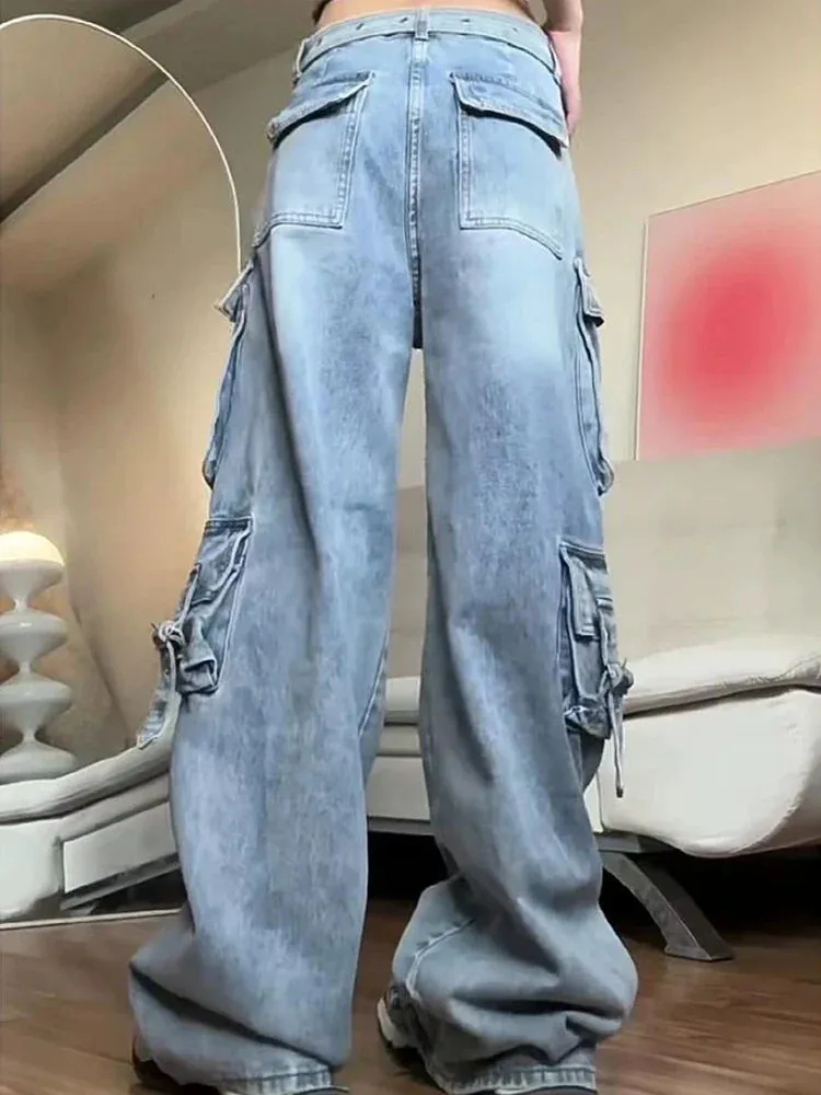 Blue Cargo Jeans Women Oversize Fashion Kpop Pocket Wide Leg Denim Pants