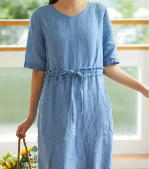 Blue Women Dresses Ramie Casual Summer Linen Women Dresses SSM97215