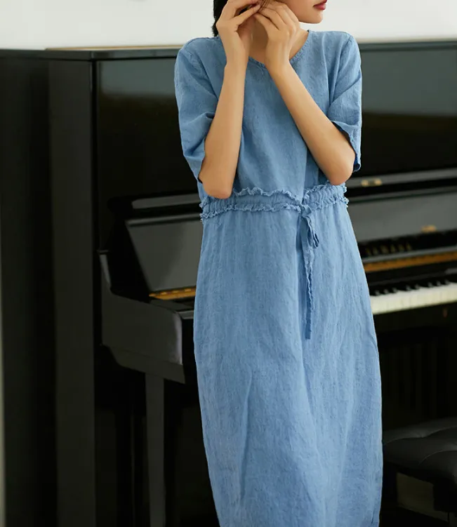 Blue Women Dresses Ramie Casual Summer Linen Women Dresses SSM97215