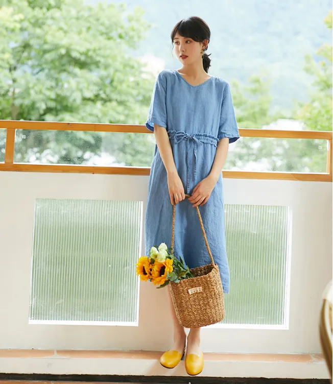 Blue Women Dresses Ramie Casual Summer Linen Women Dresses SSM97215