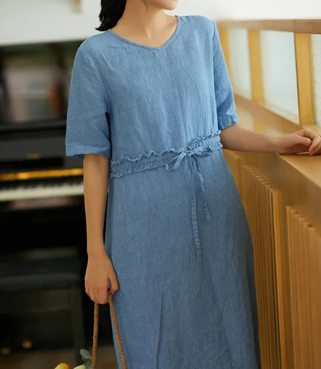 Blue Women Dresses Ramie Casual Summer Linen Women Dresses SSM97215