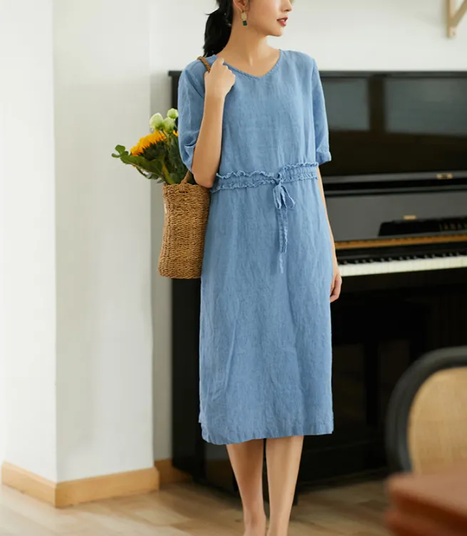 Blue Women Dresses Ramie Casual Summer Linen Women Dresses SSM97215