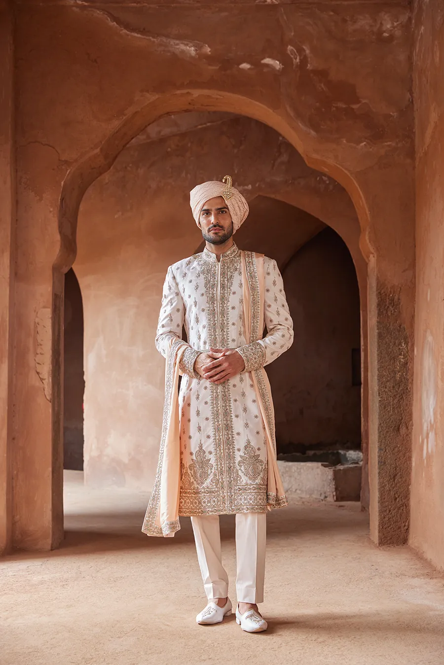 BLUSH PINK TAFETTA SILK EMBROIDERED SHERWANI KURTA TROUSER SET