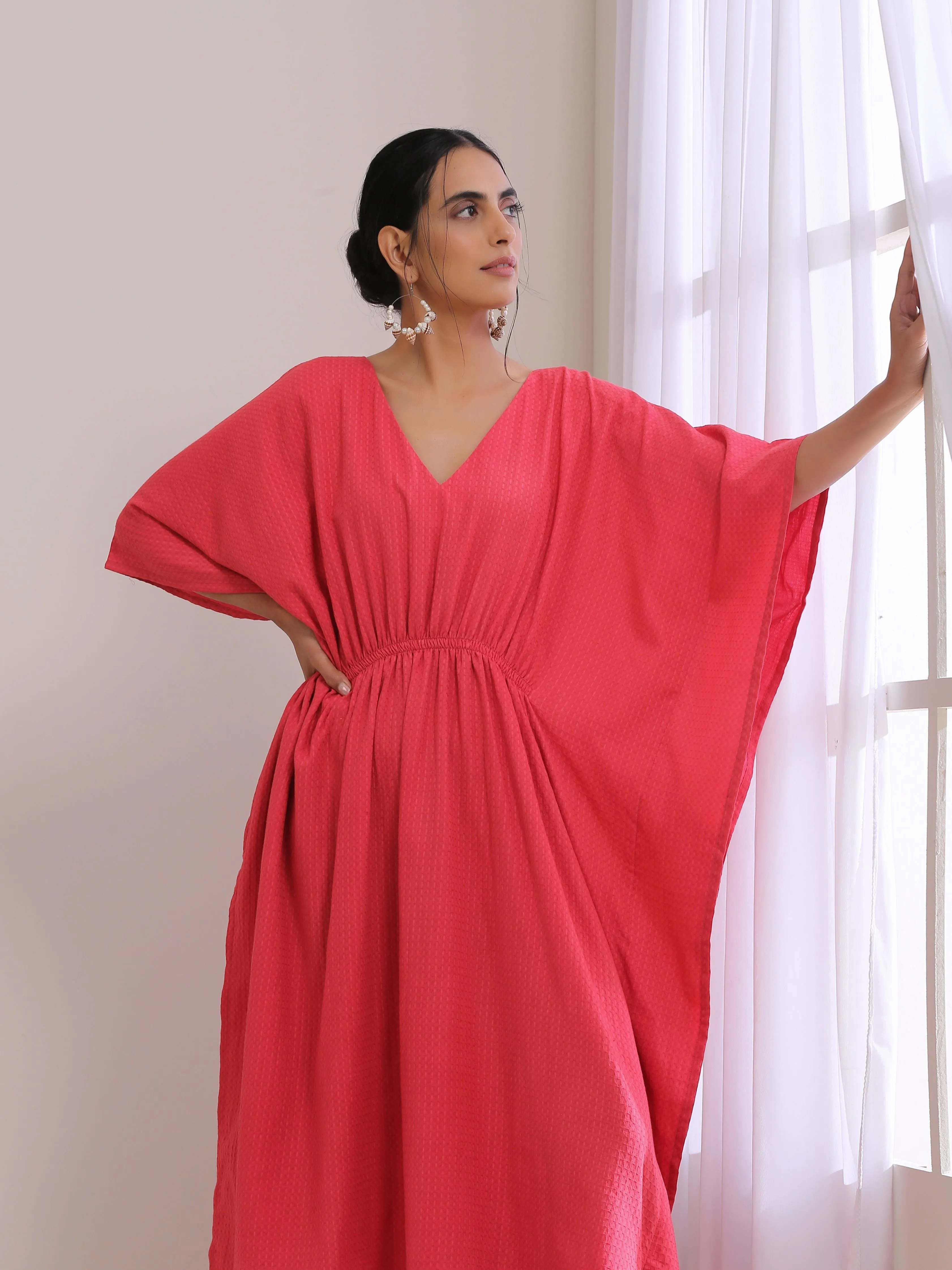 Bright Pink Dobby Kaftan Dress