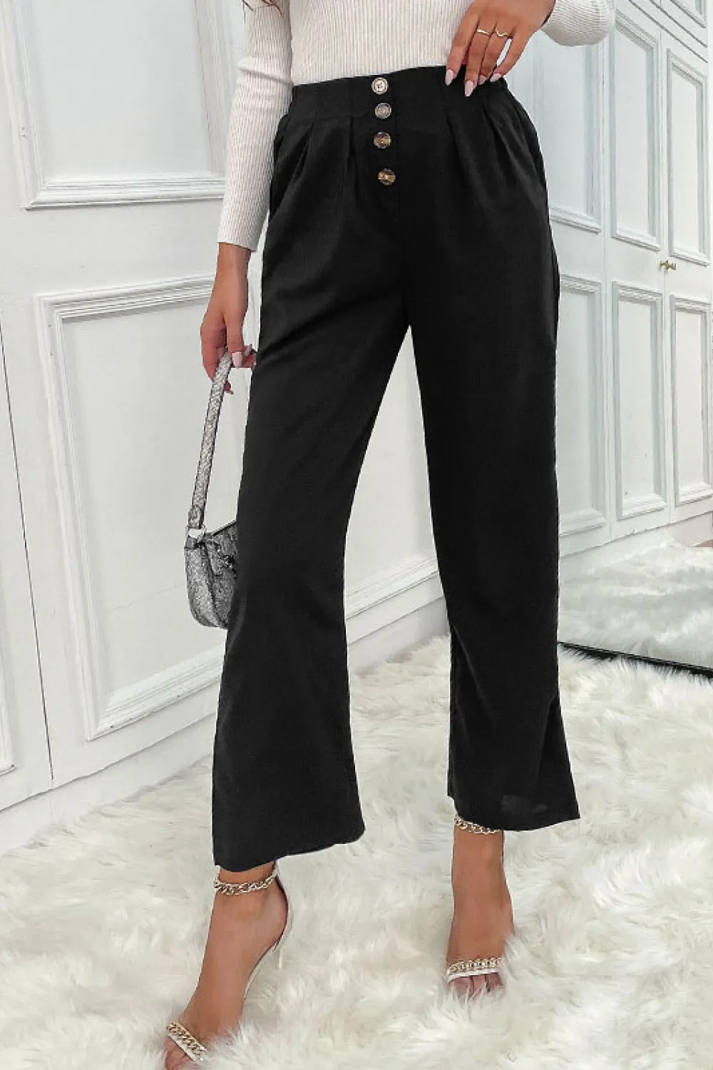 Button Fly Wide Leg Pants