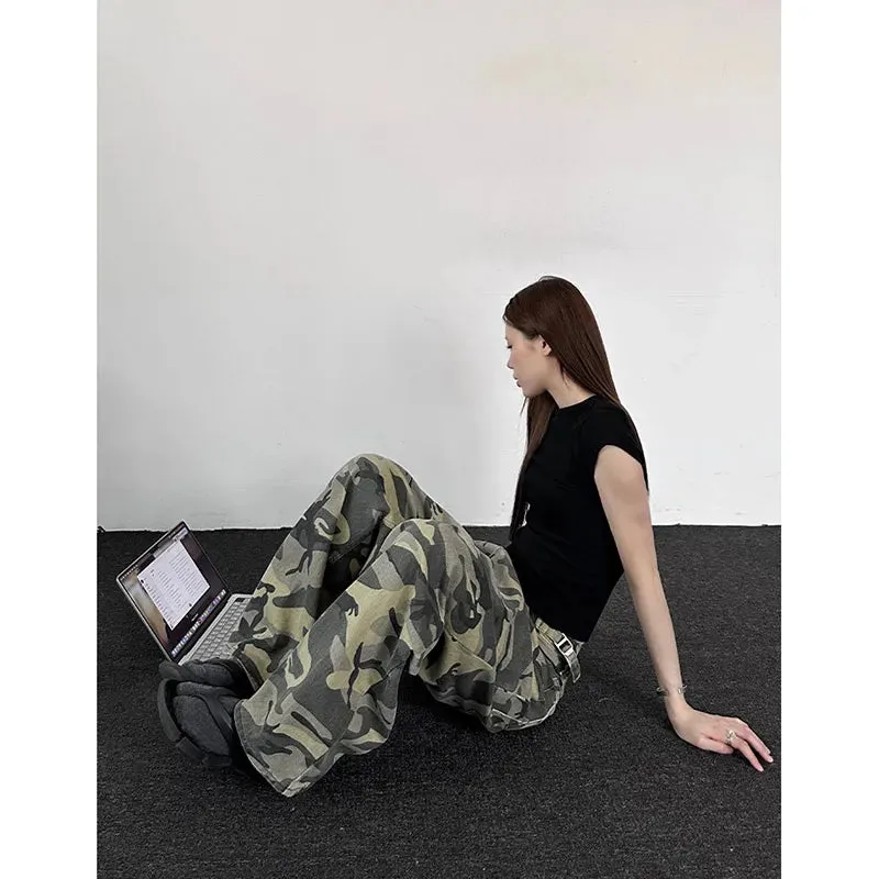 Camouflage Low Waist Loose Wide Leg Pants - Green