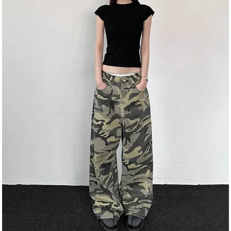 Camouflage Low Waist Loose Wide Leg Pants - Green