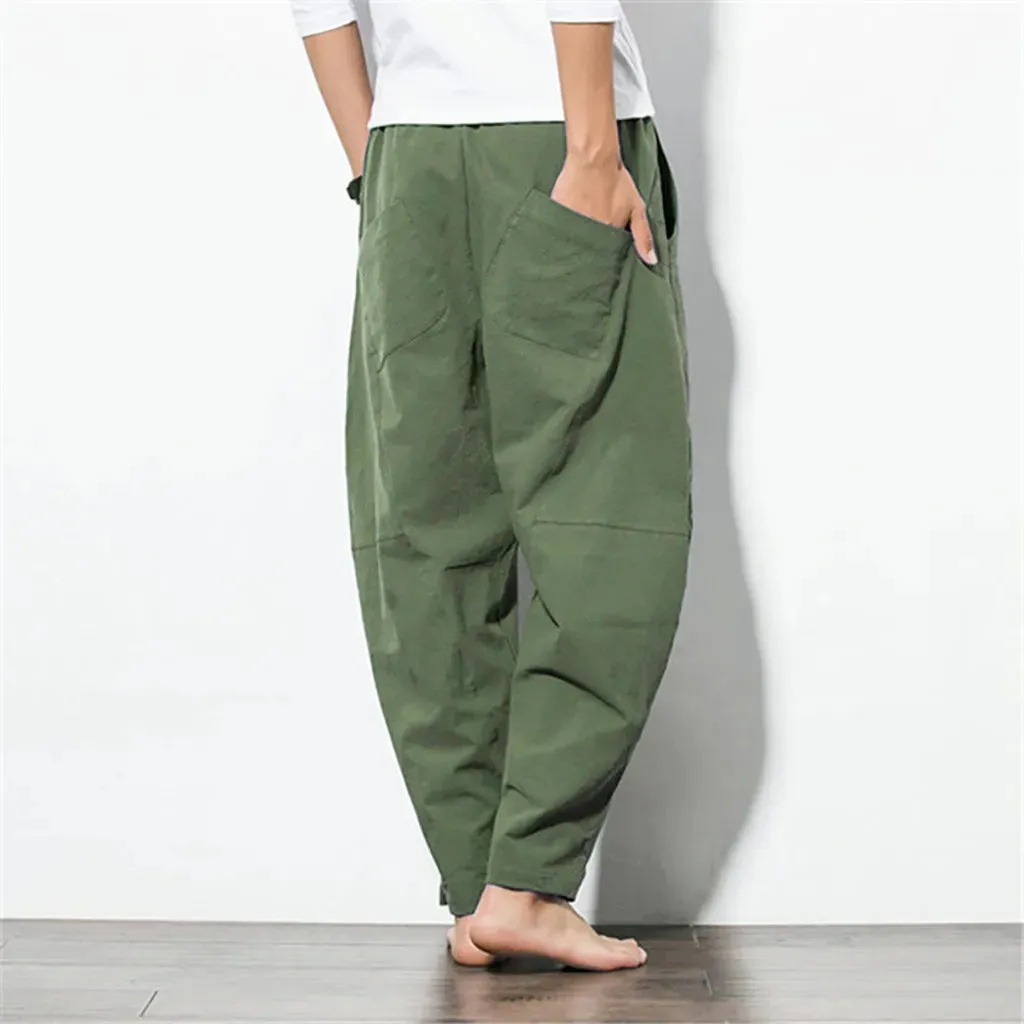 Casual Loose Cotton Linen Pure Color Pocket Comfort Long Baggy Quality Jogger Sweat Men's Pants