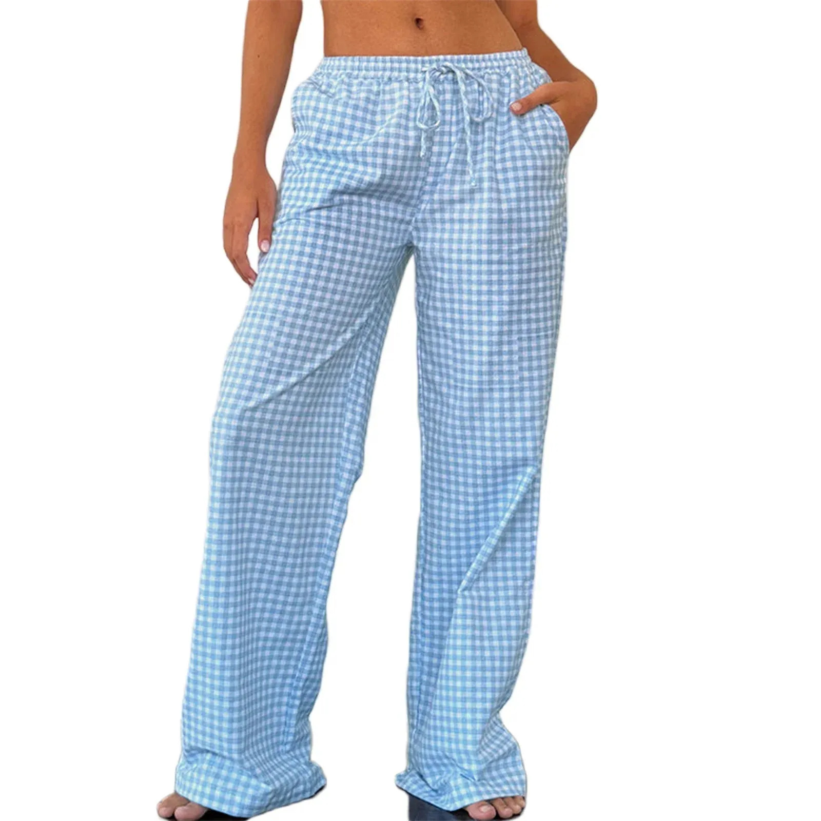 Casual Wide Leg Drawstring Elastic Waist Plaid Solid Straight Leg Y2K Pants