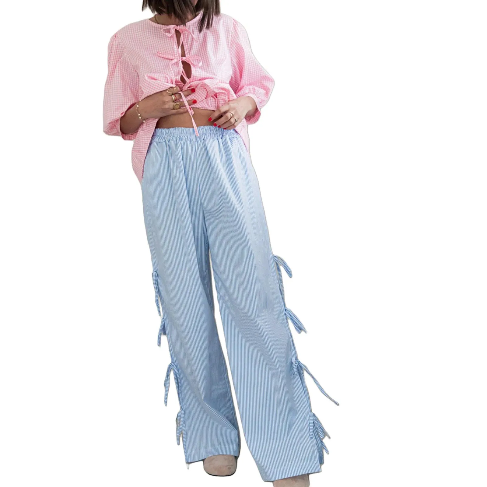 Combhasaki Women's Y2K Kawaii Wide-Leg Elastic Waist Long Pants Stripe Side Bow Knot Tie-Up Loose Trousers Streetwear Bottoms