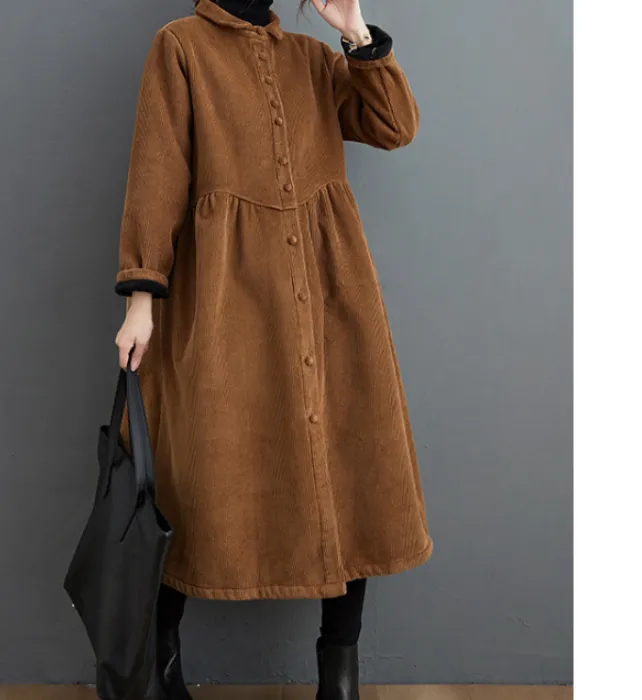 Corduroy Winter Autumn Women Casual Coat Loose Long Trench Coat Jacket