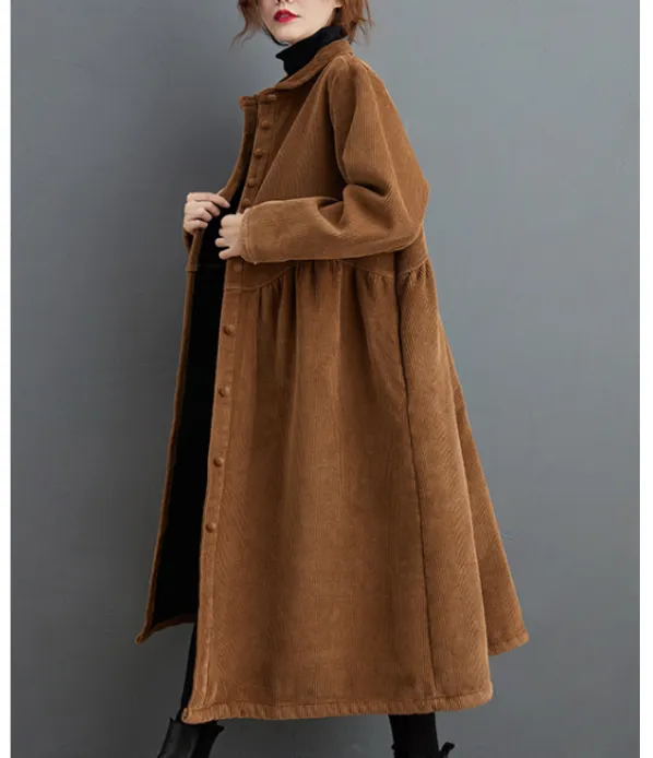 Corduroy Winter Autumn Women Casual Coat Loose Long Trench Coat Jacket