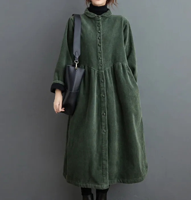 Corduroy Winter Autumn Women Casual Coat Loose Long Trench Coat Jacket