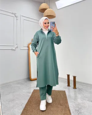 Cozy Sport Outfit of 2-Pieces in Light Teal Shade  طقم رياضي دافئ مكون من قطعتين بأحد درجات الأخضر الجميل