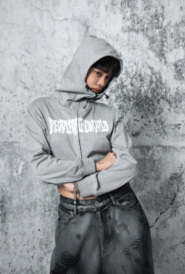 Cropped logo hoodie zip-up  grey