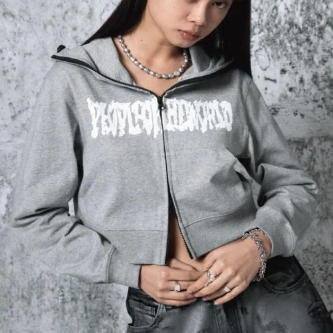 Cropped logo hoodie zip-up  grey