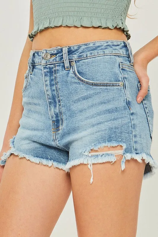 Denim High Waist Frayed Hem Shorts