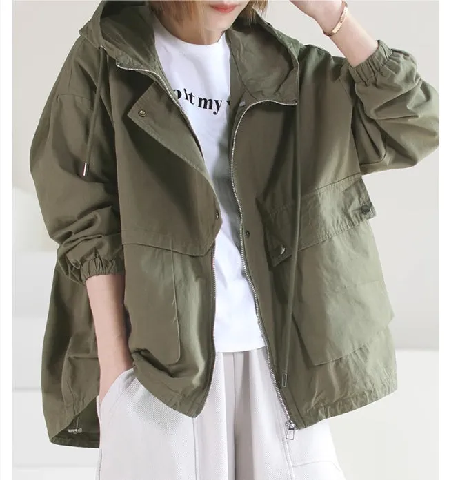 Drawstring Hooded Pocket Windbreaker Jacket Casual Coat 3663