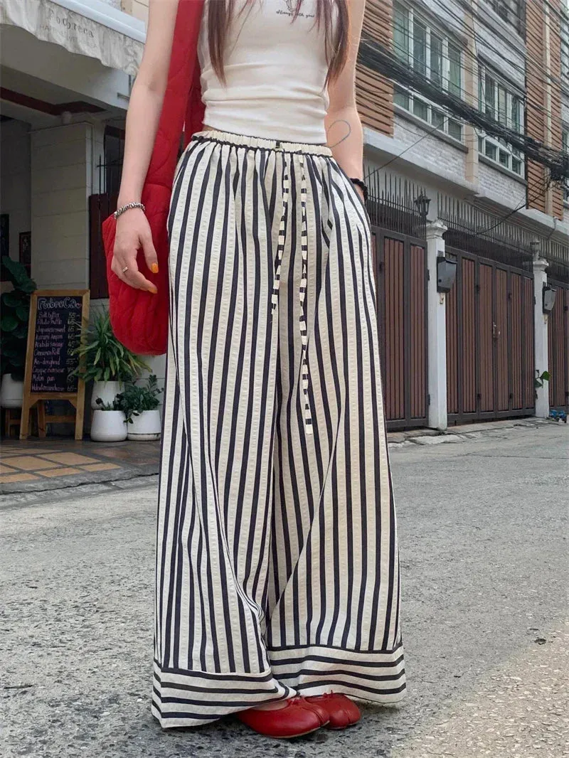 Drawstring Striped Waist Vertical Elastic High Korean Casual Leg Fashion Wide Pants