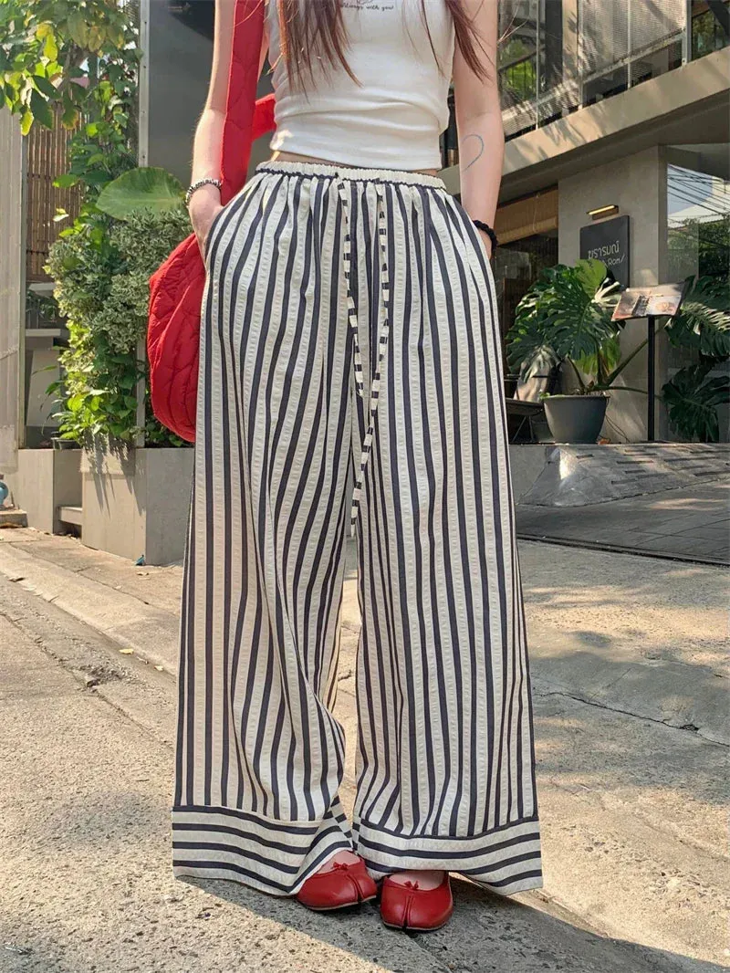 Drawstring Striped Waist Vertical Elastic High Korean Casual Leg Fashion Wide Pants