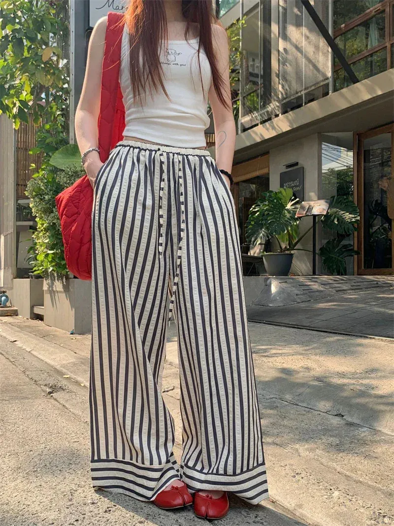 Drawstring Striped Waist Vertical Elastic High Korean Casual Leg Fashion Wide Pants