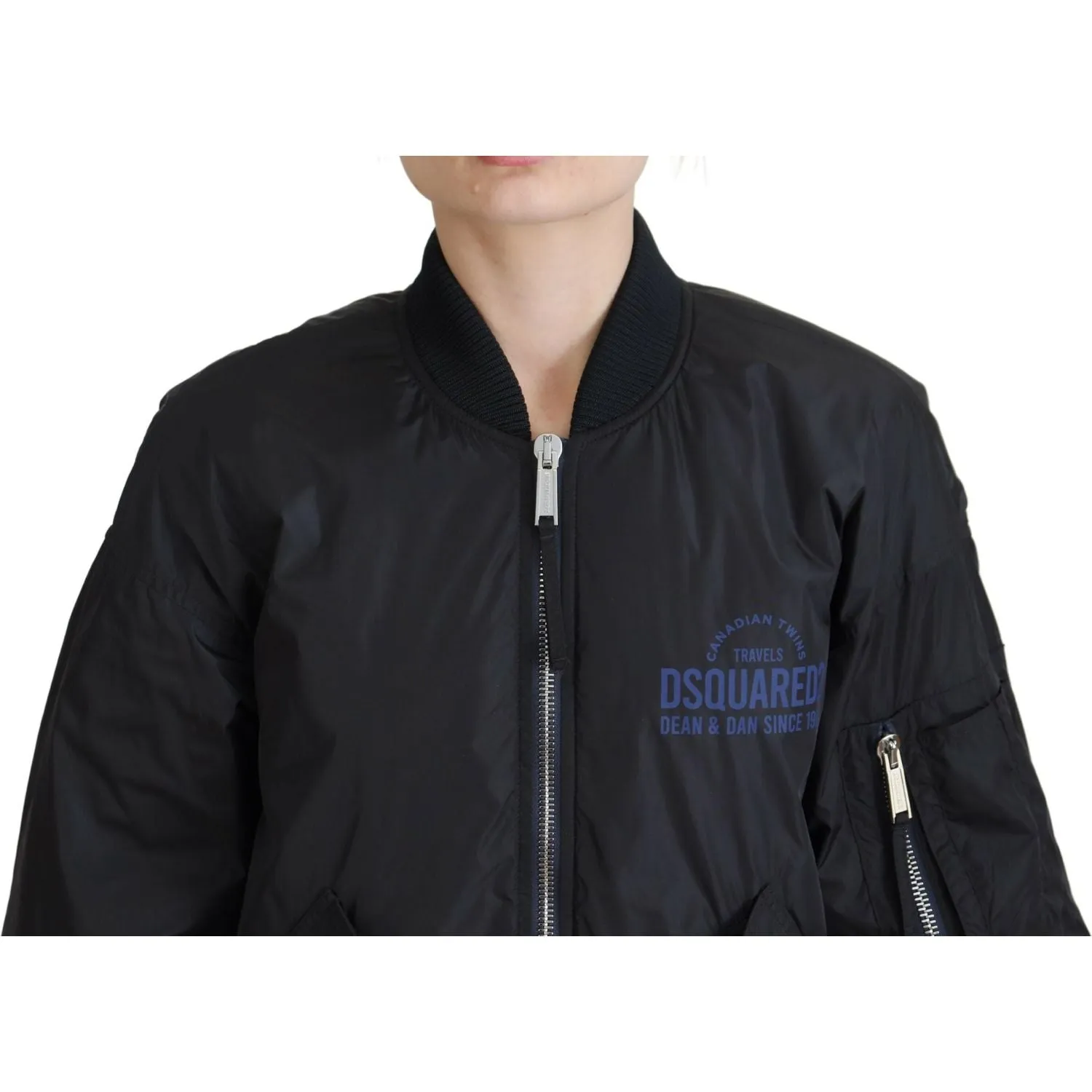 Dsquared² Black Logo Print Full Zip Women Bomber Jacket