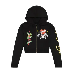 ED HARDY LKS Skull Black Zip Front Cropped Hoodie