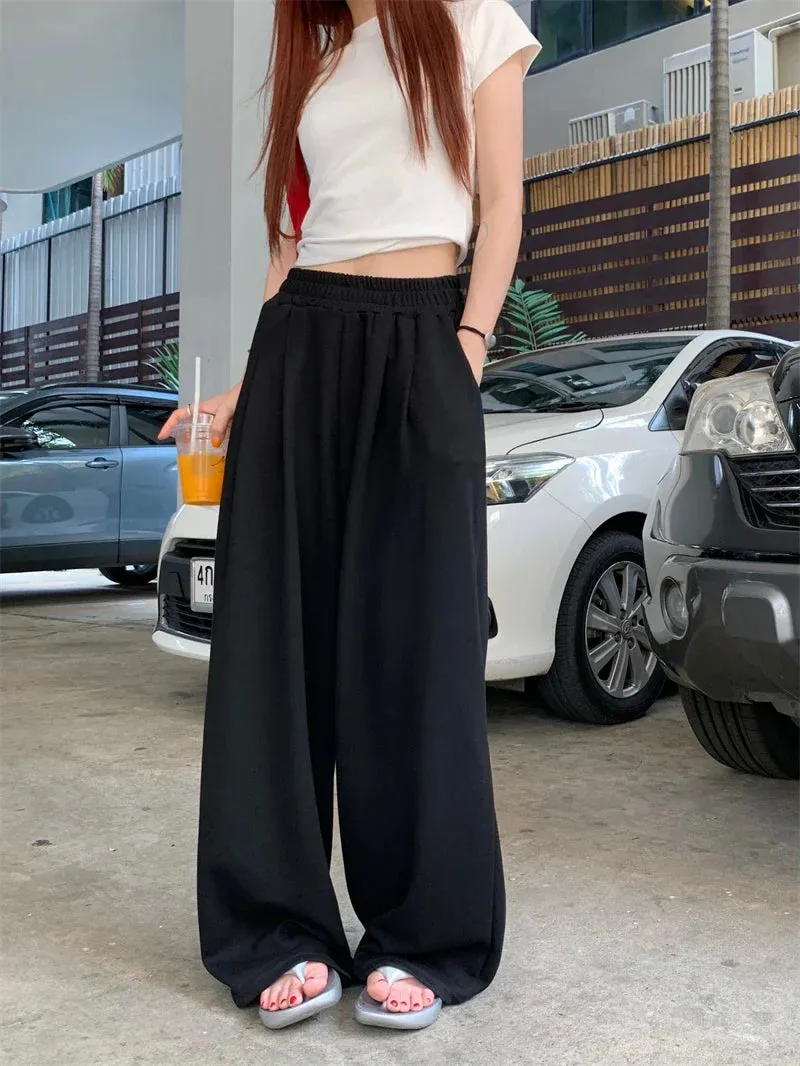 Elastic Wide Long Leg Fashion Casual Gray Black Waist Solid Pants