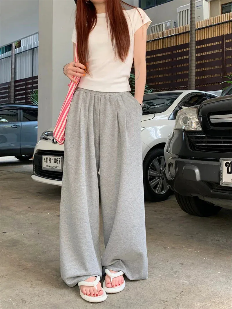 Elastic Wide Long Leg Fashion Casual Gray Black Waist Solid Pants